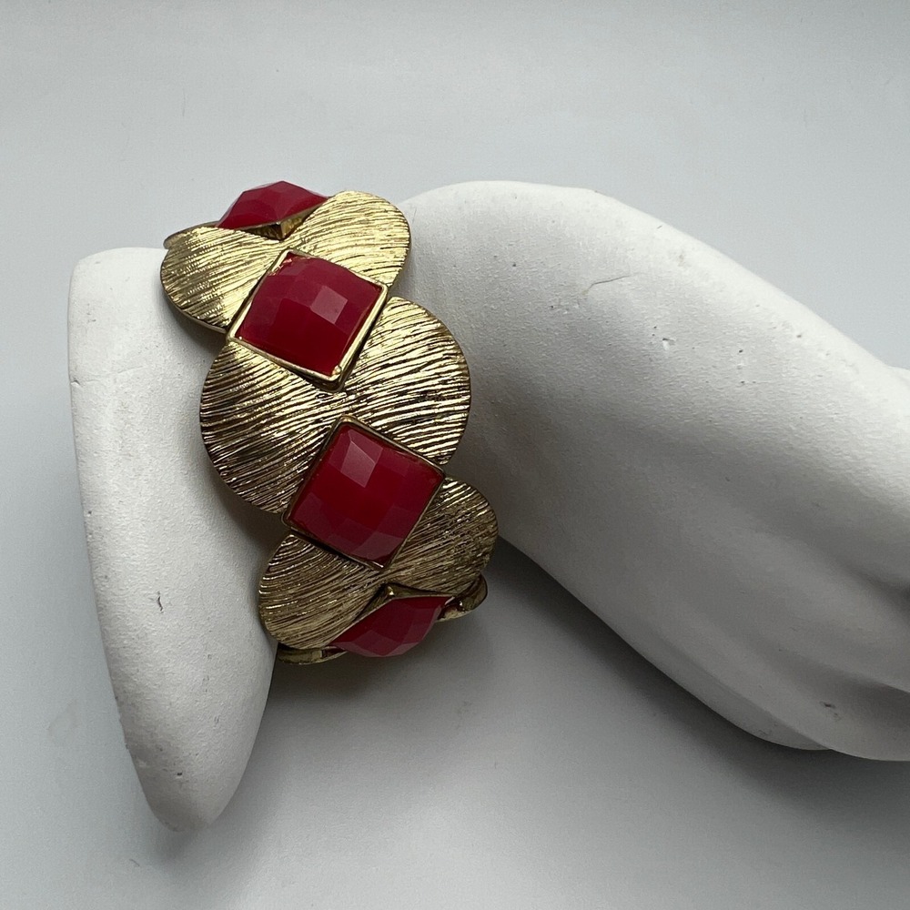 Stretch Bracelet Brushed Gold Tone Red‎ Pink Inset Acrylic Stones